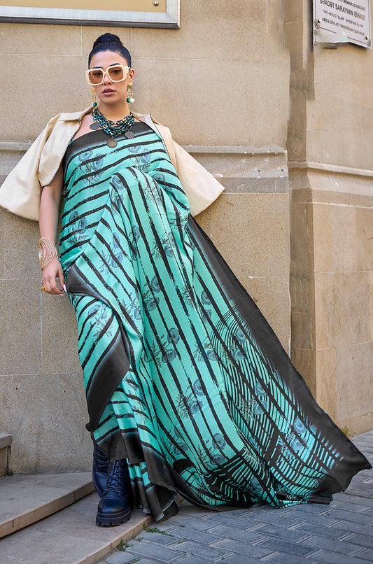 Turquoise Satin Silk Saree with Vibrant Digital Prints