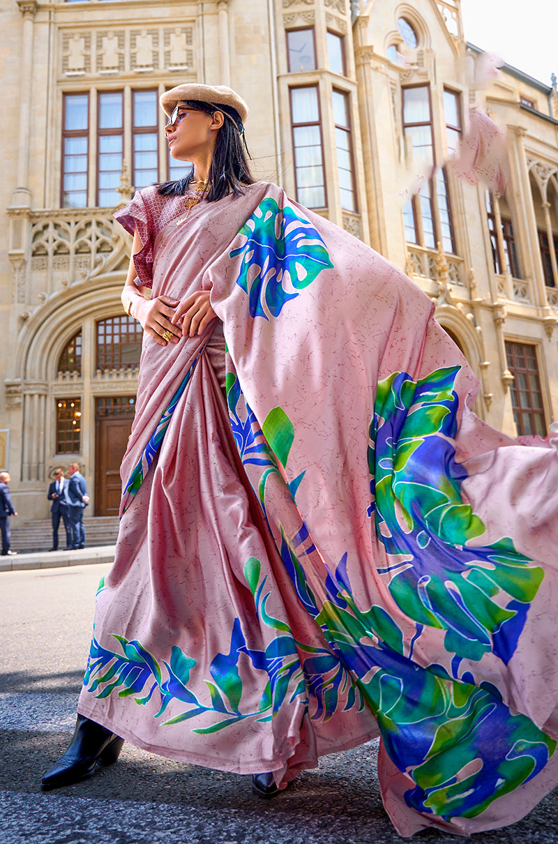Light Pink Satin Silk Saree with Vibrant Digital Prints