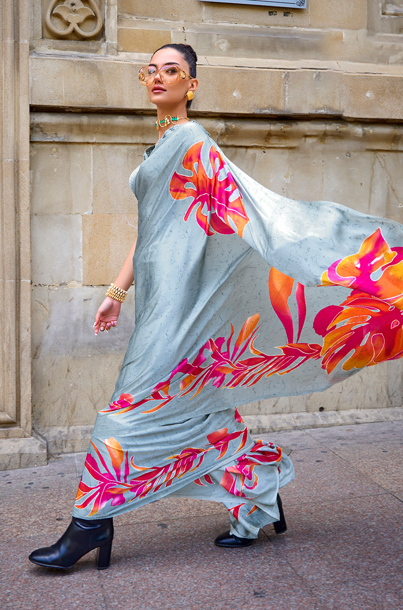 Gray Satin Silk Saree with Vibrant Digital Prints