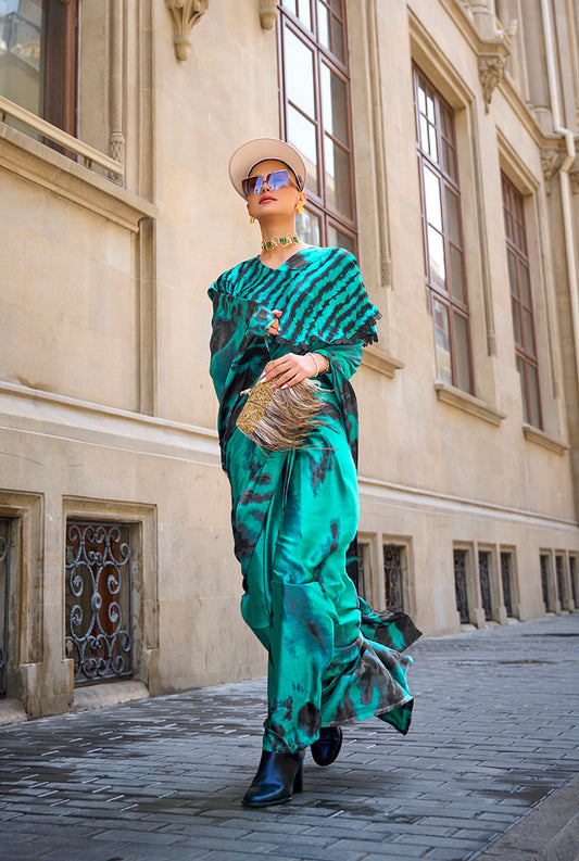 Teal Green Satin Silk Saree with Vibrant Digital Prints