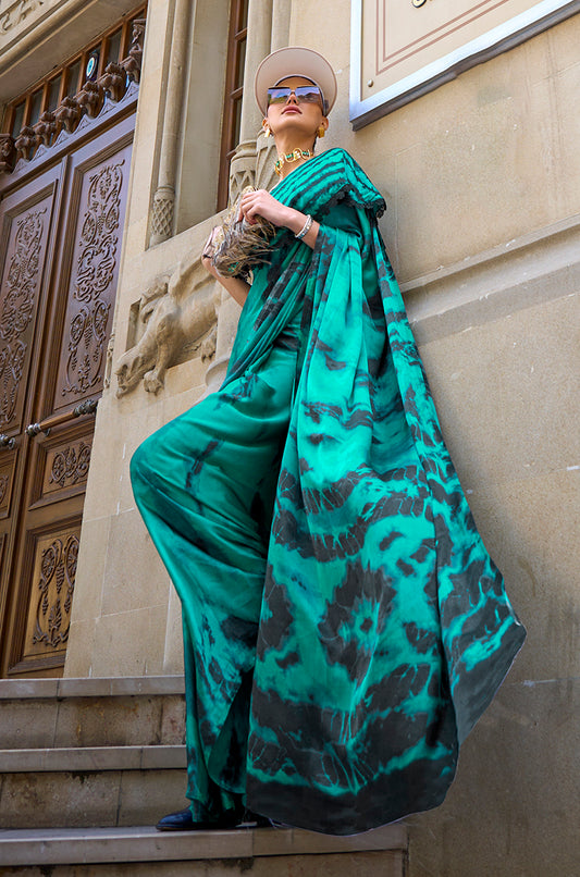 Teal Green Satin Silk Saree with Vibrant Digital Prints