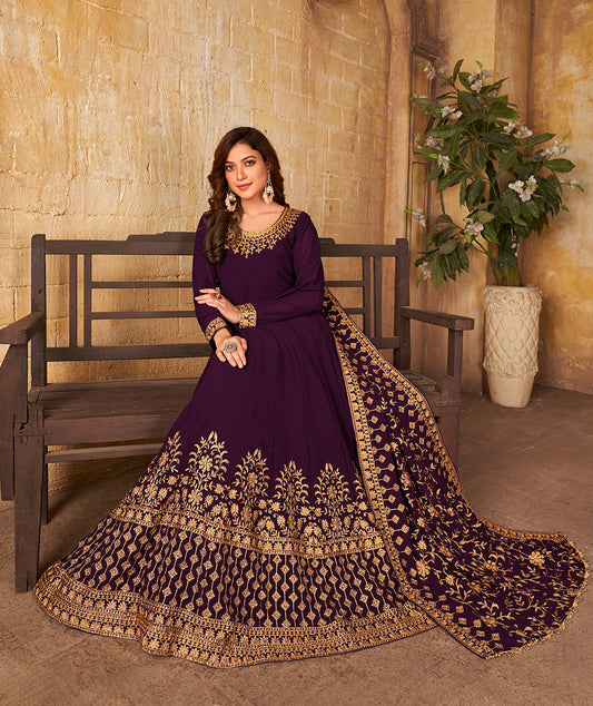 Dark Purple Georgette Ceremonial Anarkali Suit - Monjolika Fashion