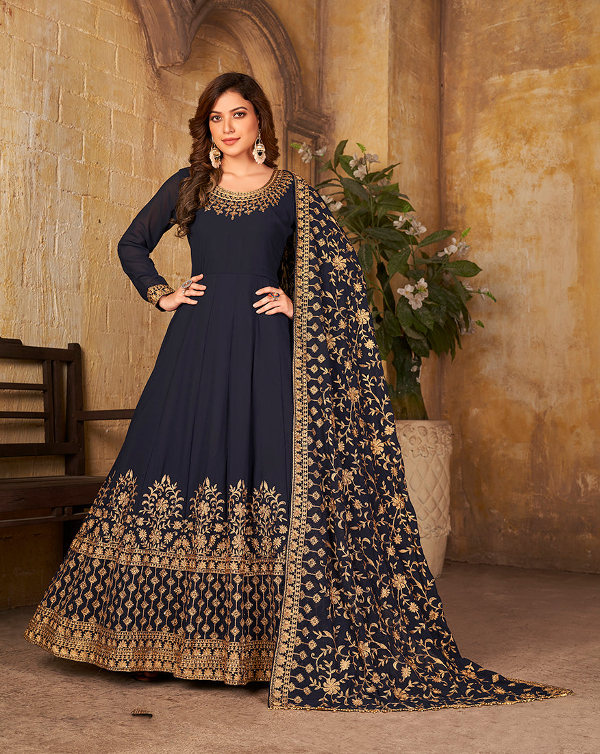 Navy Blue Georgette Embroidered Ceremonial Anarkali Suit