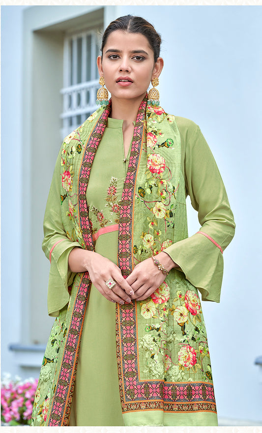 Parrot Green  Color Rayon Fancy Embroidered Work Straight suit