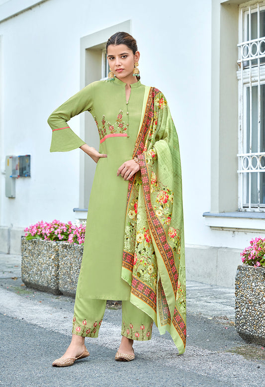 Parrot Green  Color Rayon Fancy Embroidered Work Straight suit