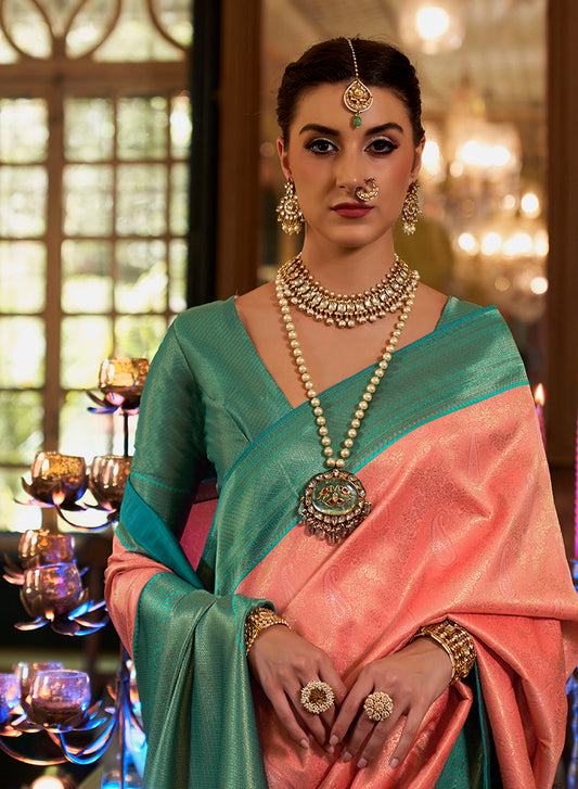 Peach Kanjivaram Silk With Intricate Weaving Work Saree
