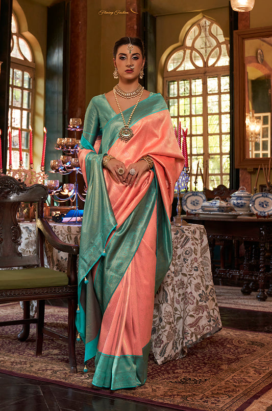 Peach Kanjivaram Silk With Intricate Weaving Work Saree