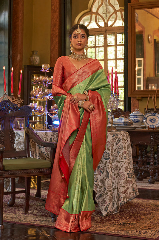 Light Green Kanjivaram Silk With Intricate Weaving Work Saree