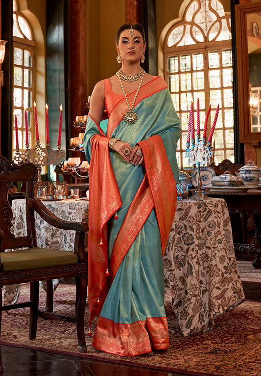 Light Blue Kanjivaram Silk With Intricate Weaving Work Saree