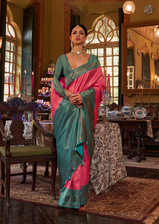 Pink Kanjivaram Silk With Intricate Weaving Work Saree