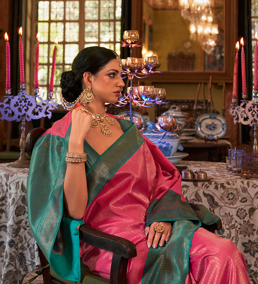 Pink Kanjivaram Silk With Intricate Weaving Work Saree