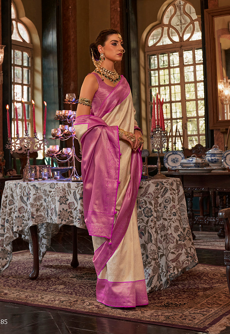 Off-White Kanjivaram Silk With Intricate Weaving Work Saree