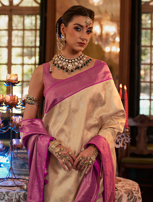 Off-White Kanjivaram Silk With Intricate Weaving Work Saree