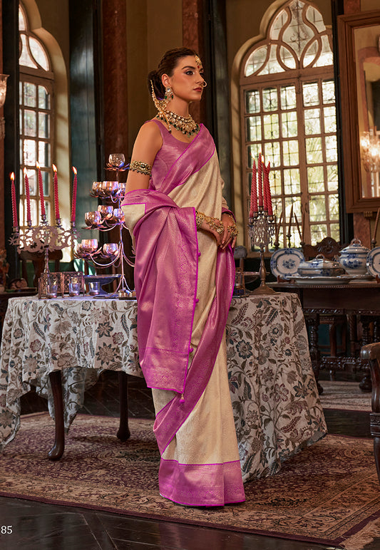 Off-White Kanjivaram Silk With Intricate Weaving Work Saree