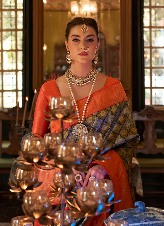 Gray Kanjivaram Silk With Intricate Weaving Work Saree