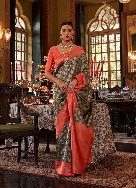 Gray Kanjivaram Silk With Intricate Weaving Work Saree