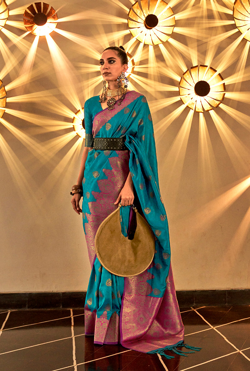 Teal Regal Zari Woven Silk Traditional Saree