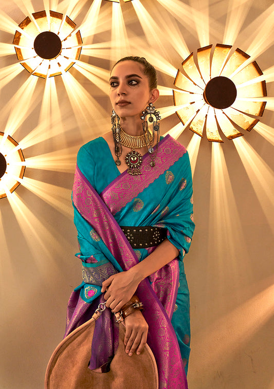 Teal Regal Zari Woven Silk Traditional Saree