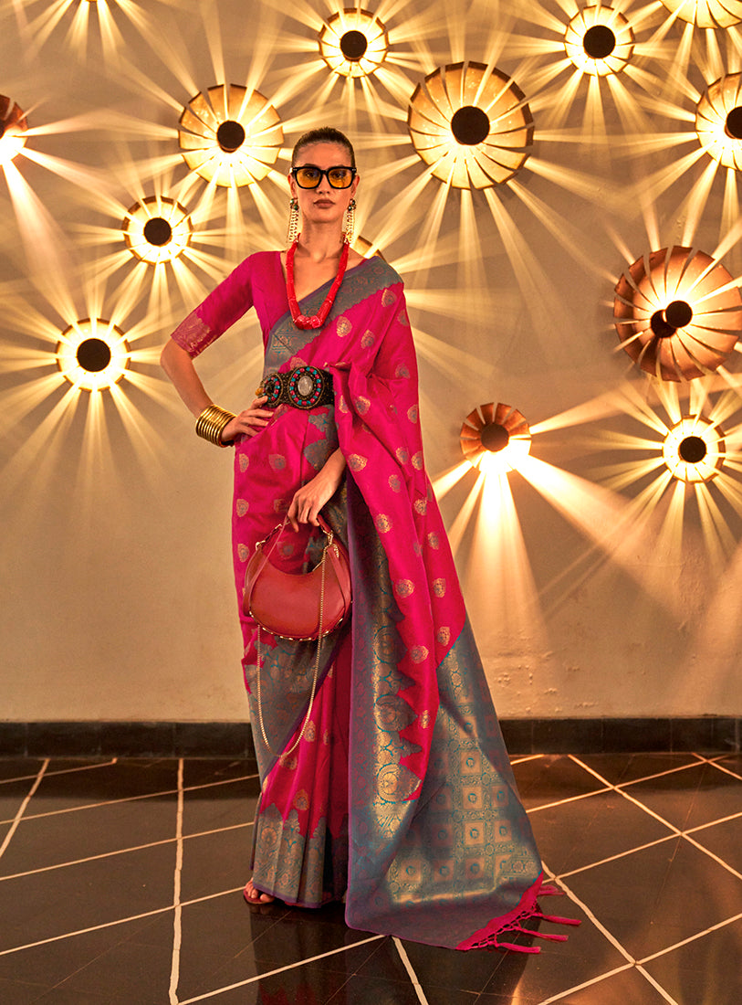 Bright Pink Regal Zari Woven Silk Traditional Saree