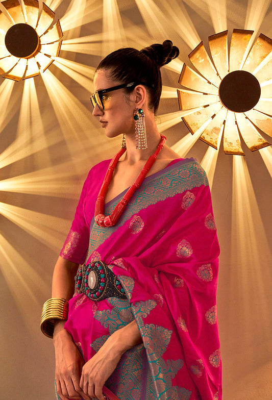 Bright Pink Regal Zari Woven Silk Traditional Saree