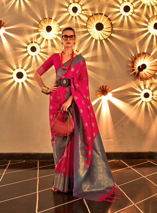 Bright Pink Regal Zari Woven Silk Traditional Saree