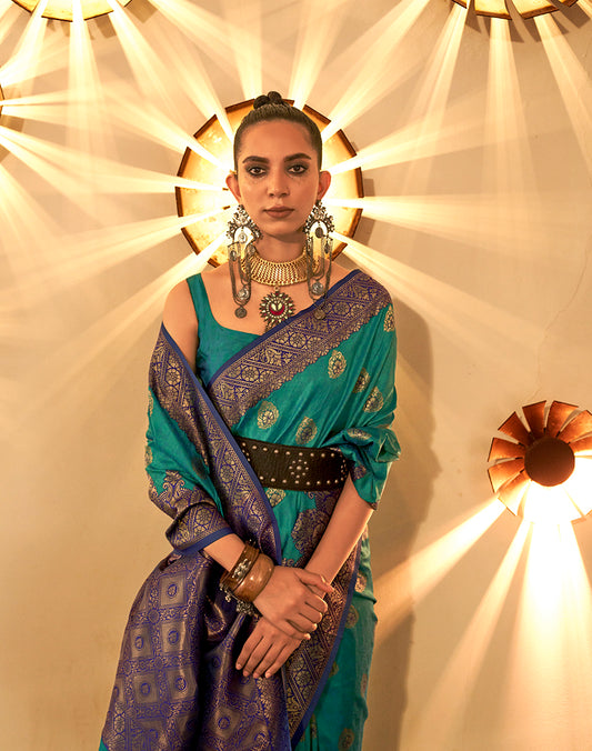 Teal Regal Zari Woven Silk Traditional Saree