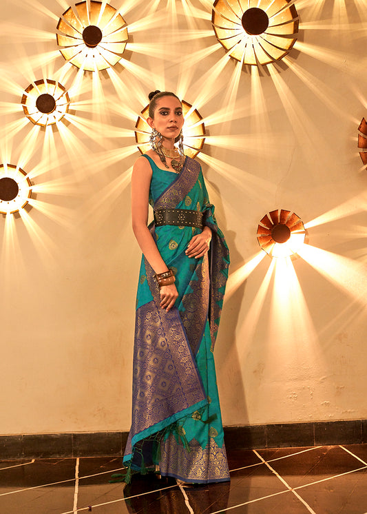 Teal Regal Zari Woven Silk Traditional Saree