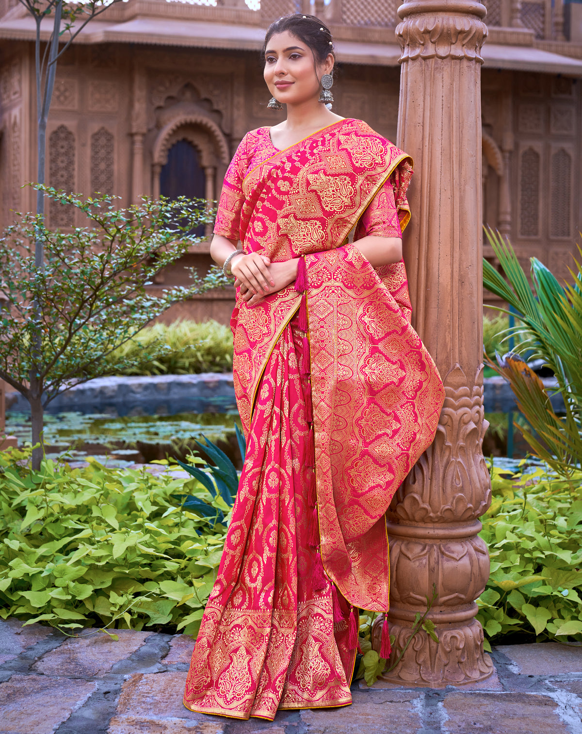 Rani Pink Banarasi silk Zari Woven Traditional Saree