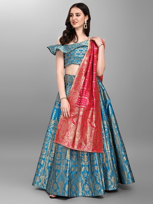 Light Blue Jacquard Zari Woven Lehenga With Red Banarasi Dupatta