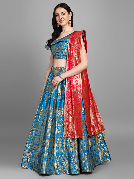 Light Blue Jacquard Zari Woven Lehenga With Red Banarasi Dupatta