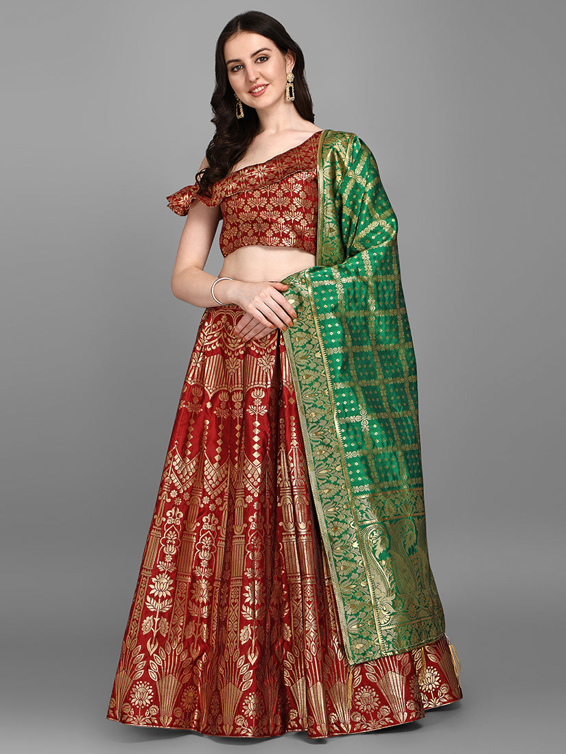 Maroon Jacquard Zari Woven Lehenga With Green Banarasi Dupatta