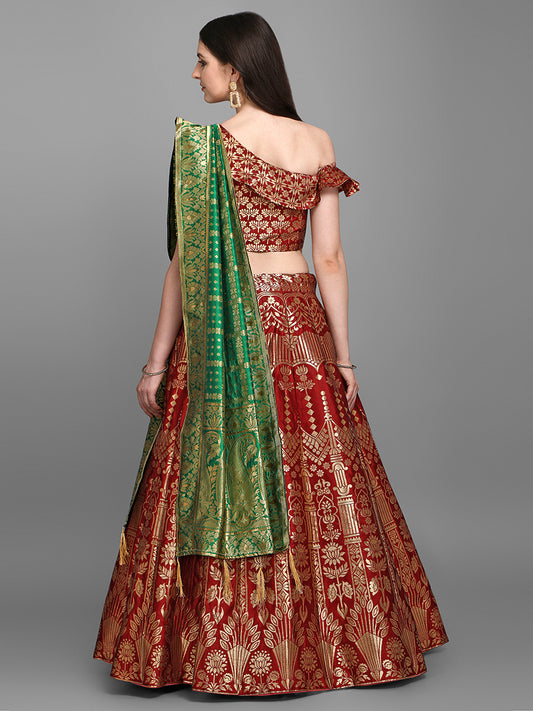 Maroon Jacquard Zari Woven Lehenga With Green Banarasi Dupatta