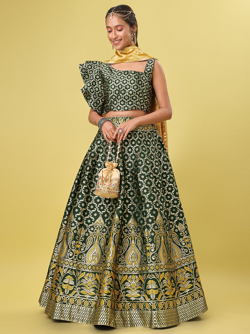Dark Green Jacquard Zari Woven Lehenga With Yellow Banarasi Dupatta