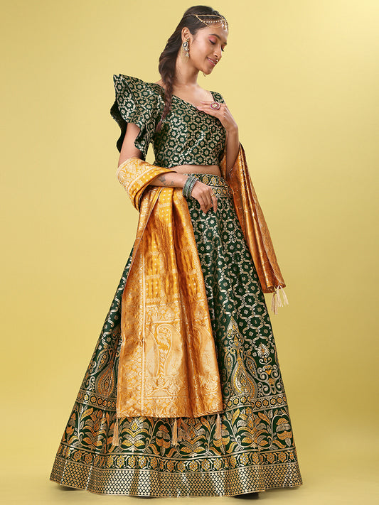 Dark Green Jacquard Zari Woven Lehenga With Yellow Banarasi Dupatta