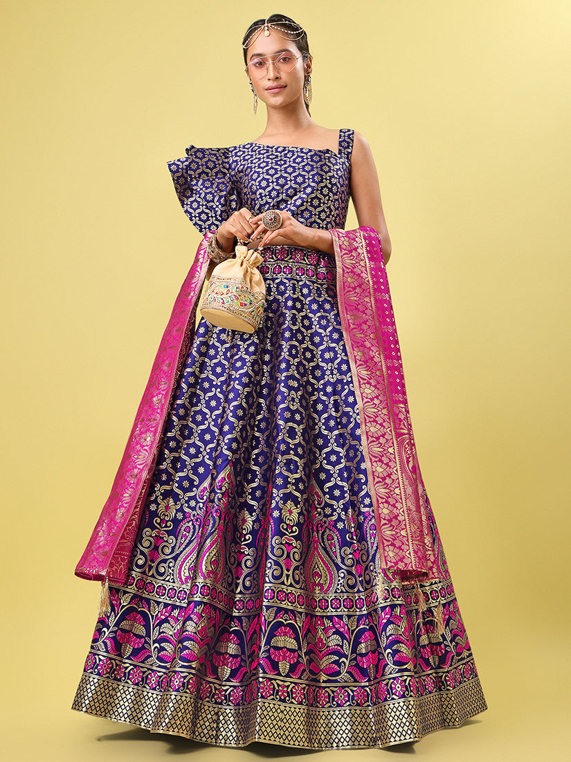 Navy Blue Jacquard Zari Woven Lehenga With Rani Pink Banarasi Dupatta