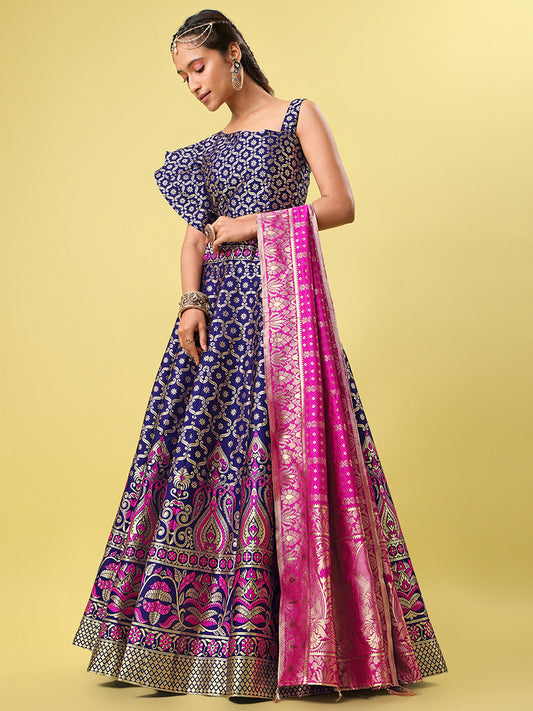 Navy Blue Jacquard Zari Woven Lehenga With Rani Pink Banarasi Dupatta