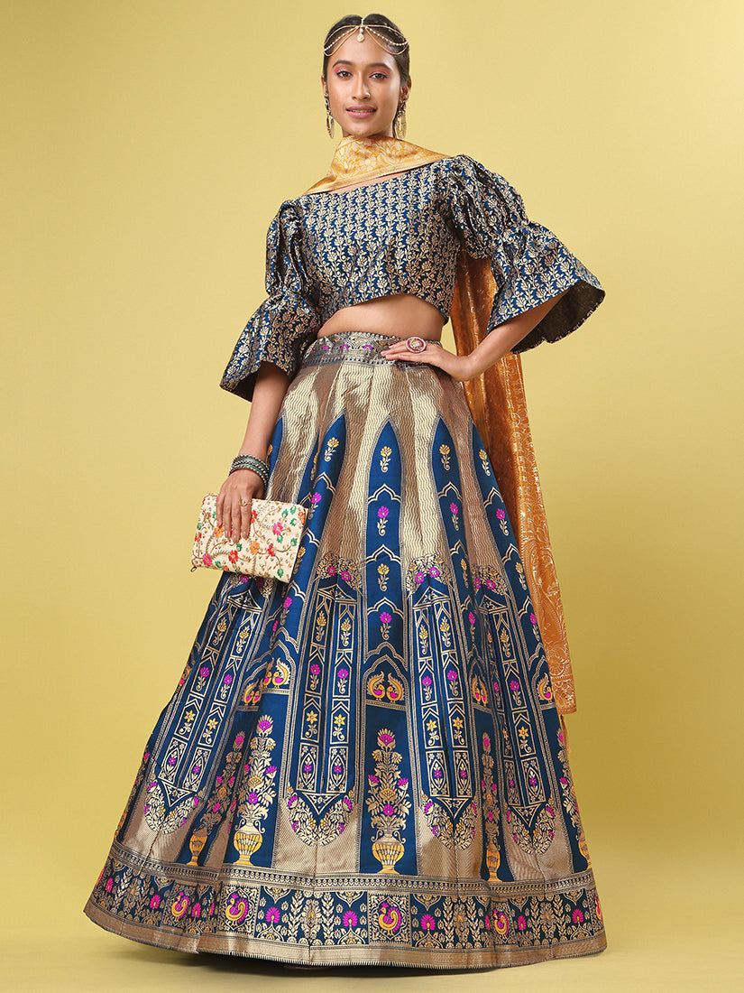 Navy Blue Jacquard Zari Woven Lehenga With Banarasi Dupatta
