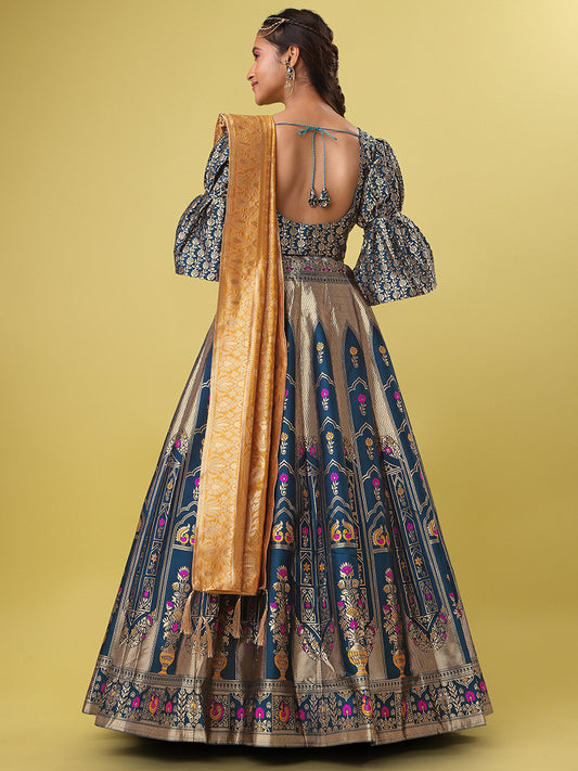 Navy Blue Jacquard Zari Woven Lehenga With Banarasi Dupatta