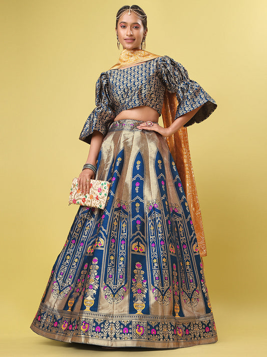 Navy Blue Jacquard Zari Woven Lehenga With Banarasi Dupatta