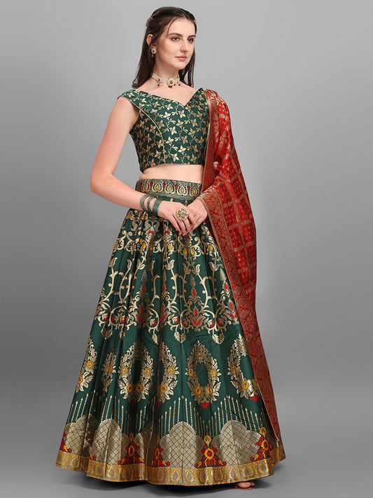 Dark Green Jacquard Zari Woven Lehenga With Red Banarasi Dupatta