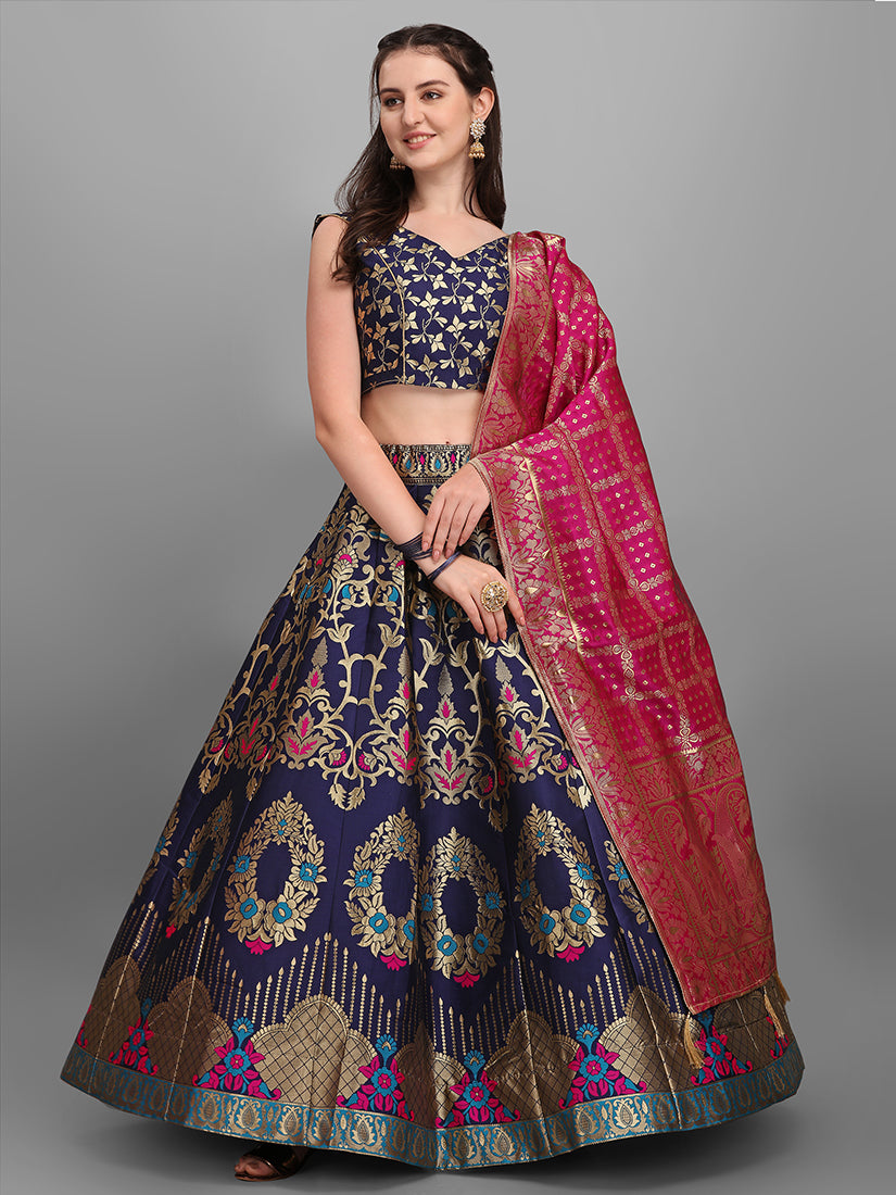 Navy Blue Jacquard Zari Woven Lehenga With Rani Pink Banarasi Dupatta