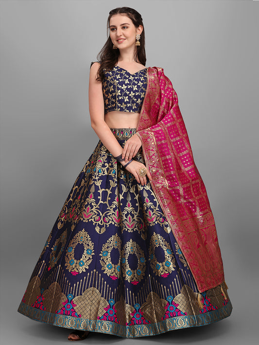 Navy Blue Jacquard Zari Woven Lehenga With Rani Pink Banarasi Dupatta