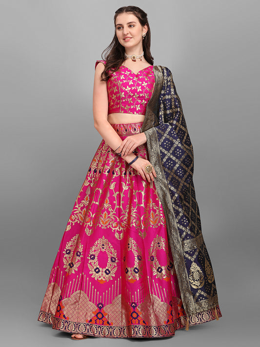 Rani Pink Jacquard Zari Woven Lehenga With Navy Blue Banarasi Dupatta