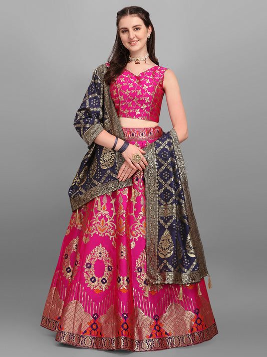 Rani Pink Jacquard Zari Woven Lehenga With Navy Blue Banarasi Dupatta