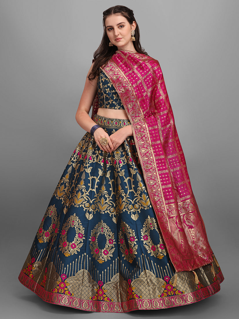 Teal Jacquard Zari Woven Lehenga With Rani Pink Banarasi Dupatta