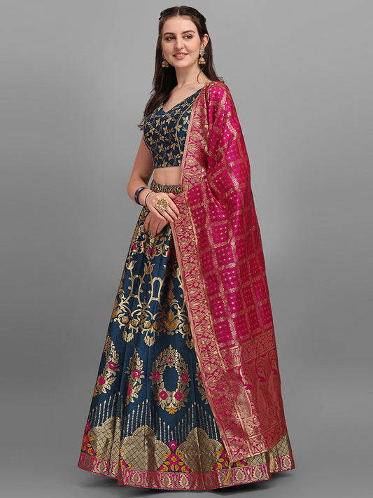 Teal Jacquard Zari Woven Lehenga With Rani Pink Banarasi Dupatta