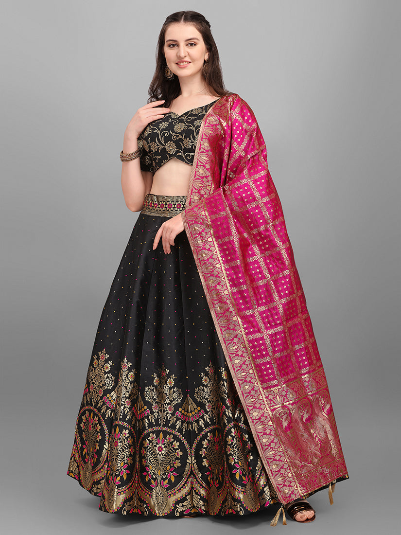 Black Jacquard Zari Woven Lehenga With Rani Pink Banarasi Dupatta