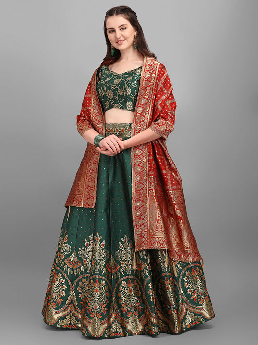 Dark Green Jacquard Zari Woven Lehenga With Red Banarasi Dupatta