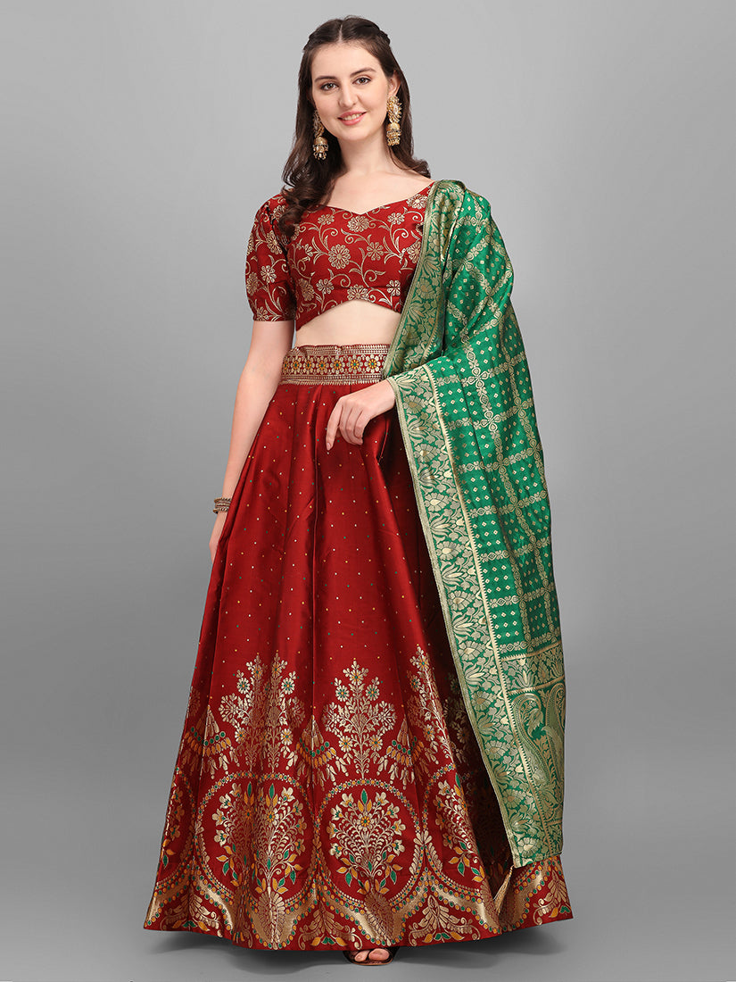 Maroon Jacquard Zari Woven Lehenga With Green Banarasi Dupatta