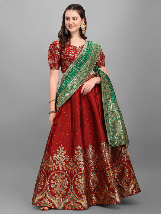 Maroon Jacquard Zari Woven Lehenga With Green Banarasi Dupatta